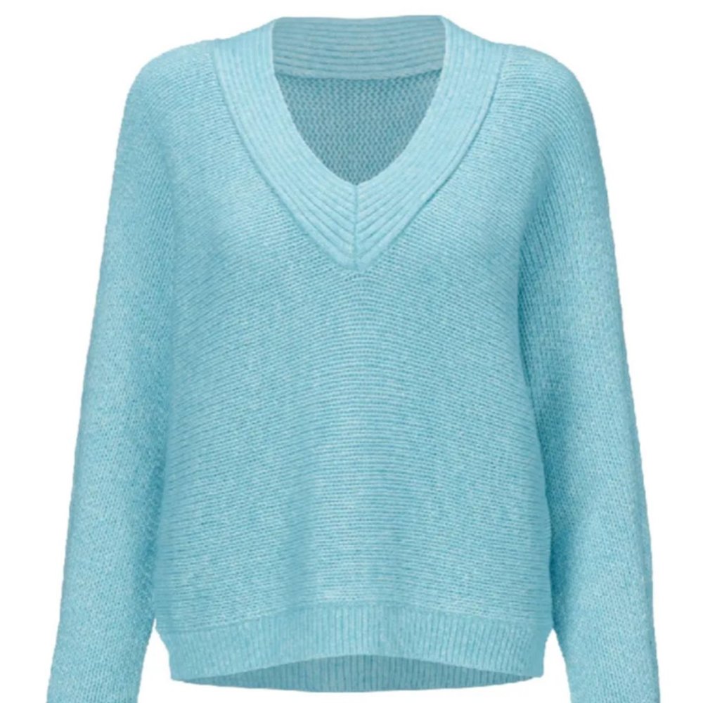 Cabi 4282 Frosty Sweater Blue Crochet V-Neck - EUC